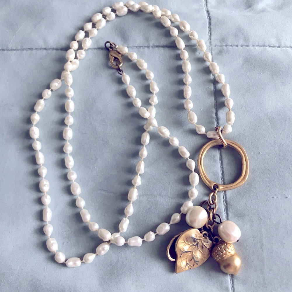 Long Costume Pearl Necklace w/ Charm